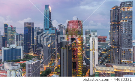 Aerial view of Chinatown and Downotwn of Singapore day to night timelapse Aerial view of Chinatown and Downotwn of Singapore day to night timelapse 44683321