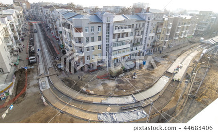 Concrete works for road maintenance construction with many workers and mixer timelapse 44683406