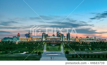 Panorama of the Astana city day to night timelapse and the president's residence Akorda with park 44683739