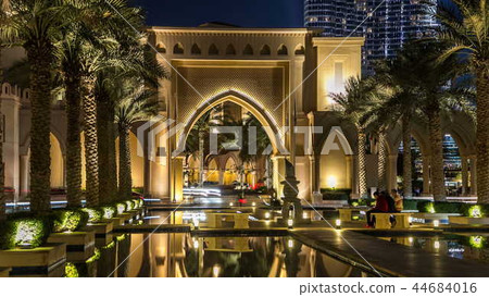 Entrance of Hotels, offices and Souk near Burj Khalifa the tallest building in the world timelapse hyperlapse in Dubai, UAE 44684016