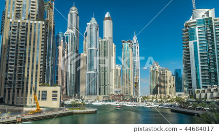 View of Dubai Marina Towers and canal in Dubai timelapse hyperlapse 44684017
