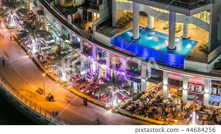 Beautiful aerial top view at night timelapse of Dubai Marina in Dubai, UAE 44684256