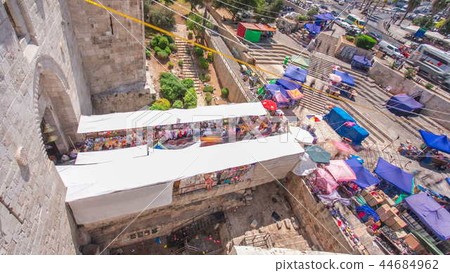 View from the top of Damascus gate to Jerusalem Old Town timelapse. Israel. View from the top of Damascus gate to Jerusalem Old Town timelapse. Israel. 44684962