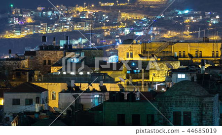 Panorama of Jerusalem Old City night timelapse from Austrian Hospice Roof, Israel 44685019