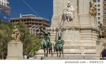 View of the stone sculpture of Miguel de Cervantes timelapse hyperlapse and bronze sculptures of Don Quixote and Sancho Panza on the Square of Spain View of the stone sculpture of Miguel de Cervantes timelapse hyperlapse and bronze sculptures of Don Quixote and Sancho Panza on the Square of Spain 44685215