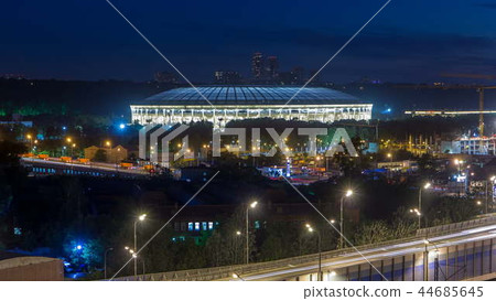 Aerial view of Luzhniki Stadium and complex from rooftop timelapse, Moscow, Russia at night. 44685645