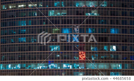 Close up view to office windows in Skyscrapers Moscow-City at night timelapse from top, Moscow, Russia 4K Close up view to office windows in Skyscrapers Moscow-City at night timelapse from top, Moscow, Russia 4K 44685658