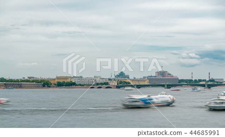 View of the Trinity Bridge in St. Petersburg over the Neva River timelapse. 44685991