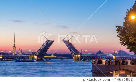 View of the closing Palace Bridge timelapse, which spans - the spire of Peter and Paul Fortress View of the closing Palace Bridge timelapse, which spans - the spire of Peter and Paul Fortress 44685998