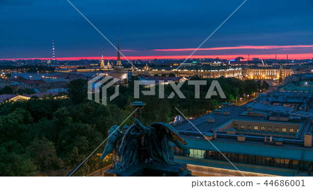 Night view of historic center from the colonnade of St. Isaac's Cathedral timelapse. Night view of historic center from the colonnade of St. Isaac's Cathedral timelapse. 44686001