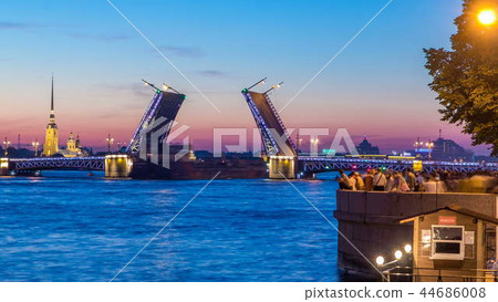View of the open Palace Bridge timelapse, which spans - the spire of Peter and Paul Fortress View of the open Palace Bridge timelapse, which spans - the spire of Peter and Paul Fortress 44686008