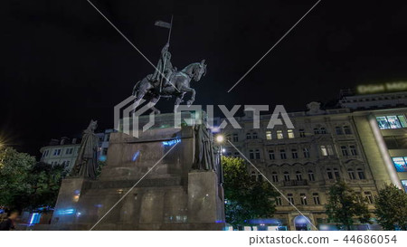 St. Wenceslas statue night timelapse hyperlapse, New town in Prague, Czech republic. Situated on Wenceslas square, national cultural landmark St. Wenceslas statue night timelapse hyperlapse, New town in Prague, Czech republic. Situated on Wenceslas square, national cultural landmark 44686054