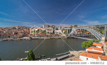 Old colorful houses in old part of Porto, view from cable car over Douro river timelapse hyperlapse 44686312
