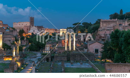 Ruins of Forum Romanum on Capitolium hill day to night timelapse in Rome, Italy Ruins of Forum Romanum on Capitolium hill day to night timelapse in Rome, Italy 44686557