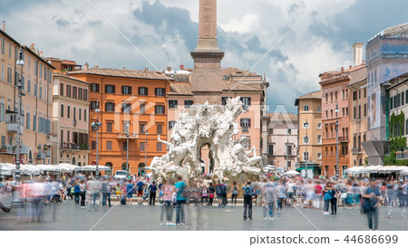 Italy, Rome Piazza Navona, the fountain of four rivers timelapse designed by G.L.Bernini. Italy, Rome Piazza Navona, the fountain of four rivers timelapse designed by G.L.Bernini. 44686699