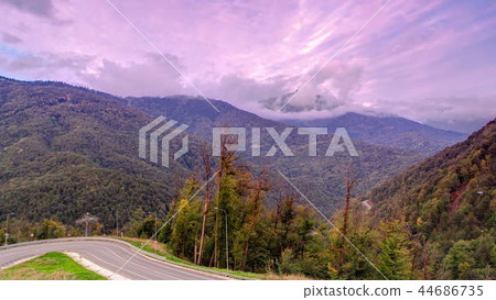 Autumn in High Mountains before sunset. Sochi, Russia. Krasnaya Polyana timelapse 44686735