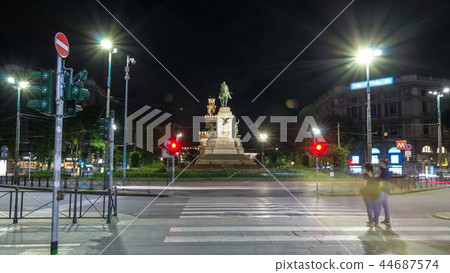 Giuseppe Garibaldi monument and tower of the Sforza Castle - Castello Sforzesco timelapse hyperlapse, Milan, Italy 44687574