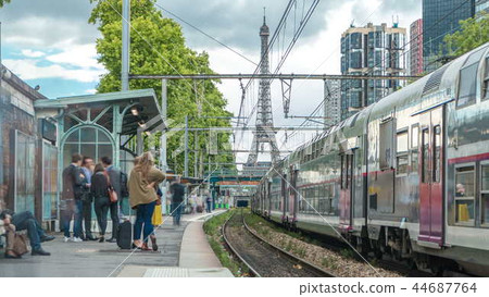 Javel train station with Eiffel tower on background timelapse. Paris, France Javel train station with Eiffel tower on background timelapse. Paris, France 44687764