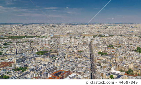 Top view of Paris skyline from observation deck of Montparnasse tower timelapse. Main landmarks of european megapolis. Paris, France Top view of Paris skyline from observation deck of Montparnasse tower timelapse. Main landmarks of european megapolis. Paris, France 44687849