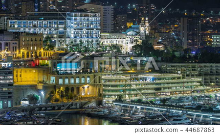 One of the sides of the Monte Carlo Casino night timelapse aerial top view. 44687863
