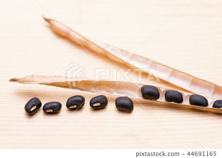 1 pod and bean of black azuki beans on wood table 44691165