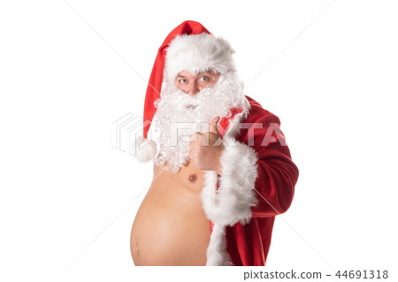 Funny fat man with big belly in Santa costume. 44691318