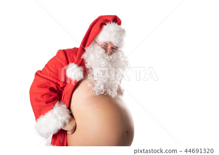Funny fat man with big belly in Santa costume. 44691320