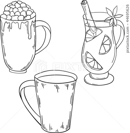 插图素材: set of winter drinks. cocoa and mulled wine