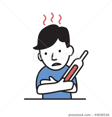 Boy feeling hot and sick. Heat, sun stroke, sickness. Flat vector illustration. Isolated on white Boy feeling hot and sick. Heat, sun stroke, sickness. Flat vector illustration. Isolated on white 44699588