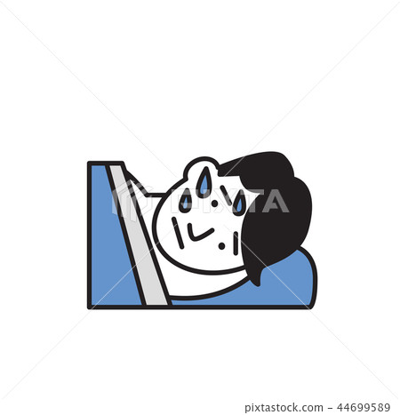 Young man soaked in sweat lying in his bed. Cartoon design icon. Flat vector illustration. Isolated 44699589