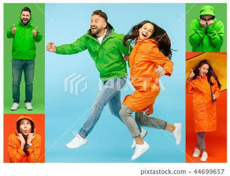 Collage about young woman and handsome bearded young man on vivid trendy colors at studio 44699657