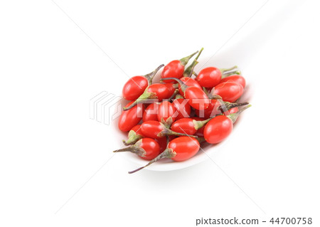 goji berries in a white porcelain spoon isolated 44700758