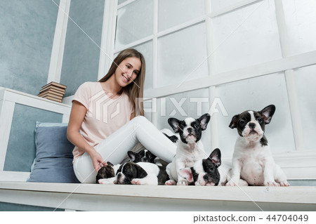 Young beautiful girl hugging a many puppies of a French bulldog Young beautiful girl hugging a many puppies of a French bulldog 44704049