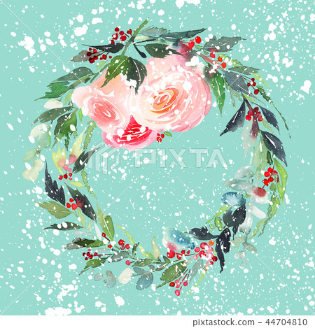 Christmas wreath with berries watercolor postcard. Christmas wreath with berries watercolor postcard. 44704810