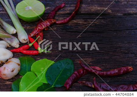 Thai food ingredient for Tom yum on old wooden. 44704884