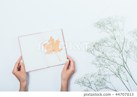 Girl holding open book with yellow autumn 44707813
