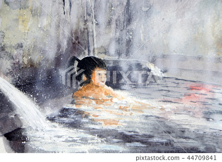 婦女溫泉露天浴手寫水彩 44709841