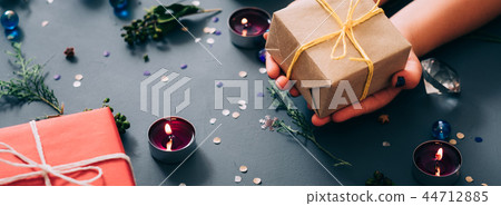 winter holiday decor seasonal craft gift box hands 44712885