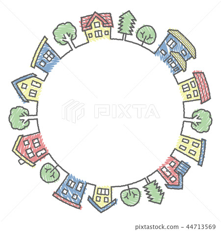 Deformed house and tree circle (Handwriting style line drawing and doodle style coloring) Deformed house and tree circle (Handwriting style line drawing and doodle style coloring) 44713569