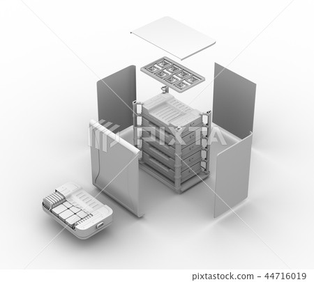 Clay shading image of an exploded view of an EV used battery recycling system 44716019