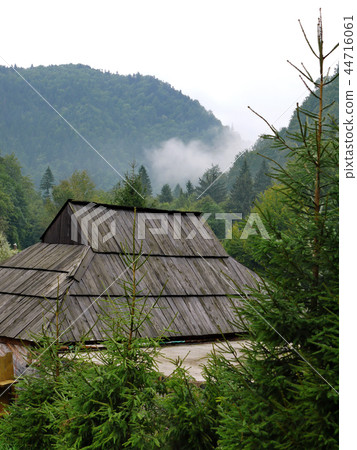 The roof of a small village house against the back The roof of a small village house against the back 44716061