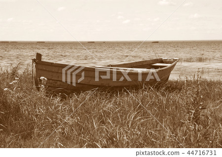 Old wooden boat on the lake bank 44716731