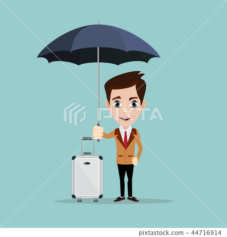 Happy man under the umbrella. A businessman with suitcases and an umbrella 44716914