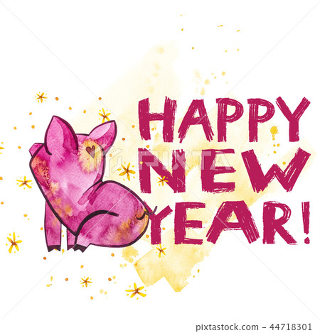 Cute pig with creative 2019 New Year lettering. Symbol of the year in the Chinese calendar. Isolated 44718301
