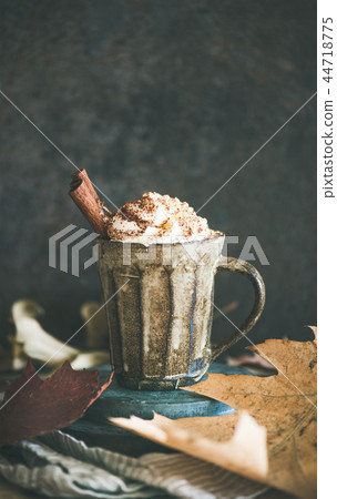 Hot chocolate with whipped cream and cinnamon in fallen leaves 44718775