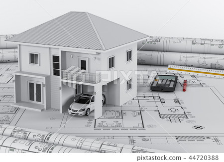 house and drawing tools on blueprint, 3d render 44720388