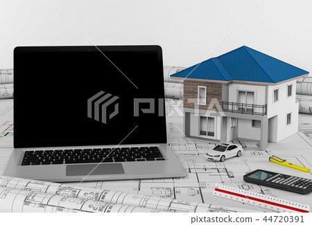 Model house and laptop on blueprint, 3d render Model house and laptop on blueprint, 3d render 44720391