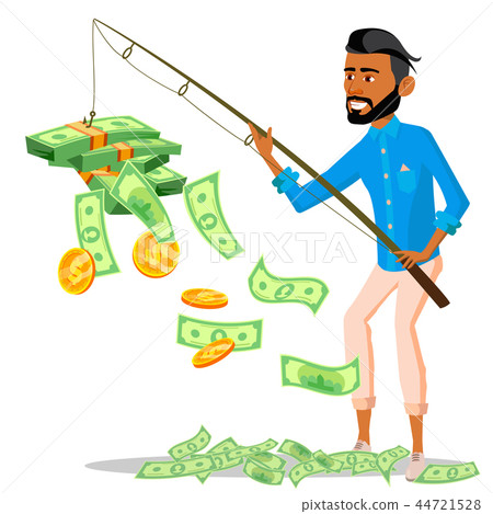 Lucky Businessman With A Fishing Rod In Hands And Pile Of Money Near Vector. Isolated Illustration Lucky Businessman With A Fishing Rod In Hands And Pile Of Money Near Vector. Isolated Illustration 44721528