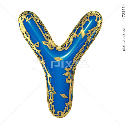 Golden shining metallic 3D with blue paint symbol capital letter Y - uppercase isolated on white. 3d 44723384