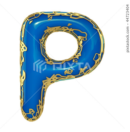 Golden shining metallic 3D with blue paint symbol capital letter P - uppercase isolated on white. 3d 44723404